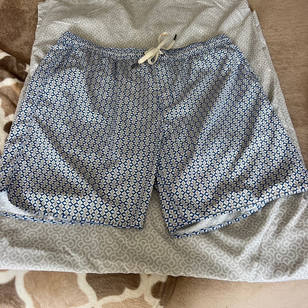 Blue and White Geometric Swim Shorts
